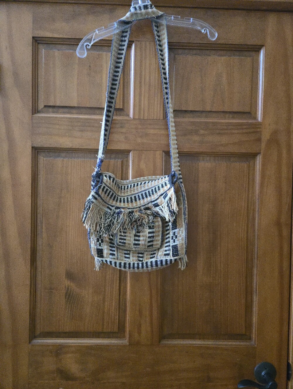 Boho Woven Fringe Messenger Bag in Beige and Navy WELL LOVED